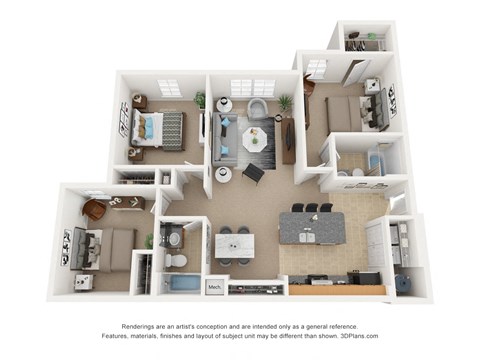 Floor plan for 3 beds, 2 baths, 1046 sqft